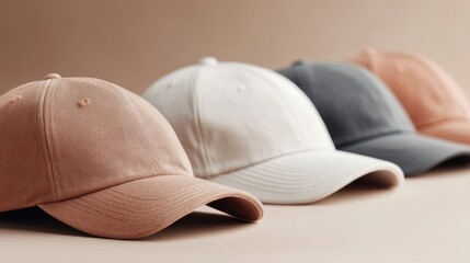 This image features a collection of four stylish caps arranged side by side, showcasing soft pastel colors that convey a sense of modern fashion and casual style.