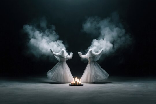 Two ghostly figures in white dresses dance around lit candles, with smoke rising against a dark, eerie background.