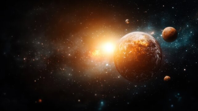 A mesmerizing cosmic scene featuring planets and stars against a backdrop of swirling galaxies, showcasing the vastness and beauty of the universe and beyond, igniting curiosity.