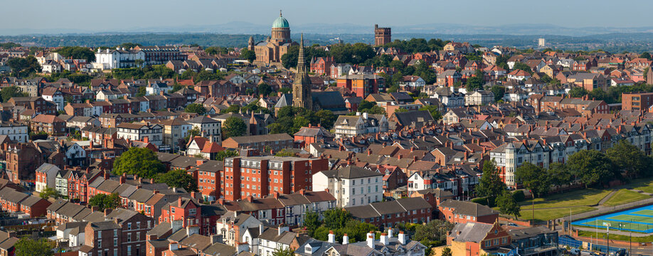 Panoramic aerial image of the New Brighton Skyline in the coast of Merseyside UK featuring the Dome of Home and the Water Tower. 