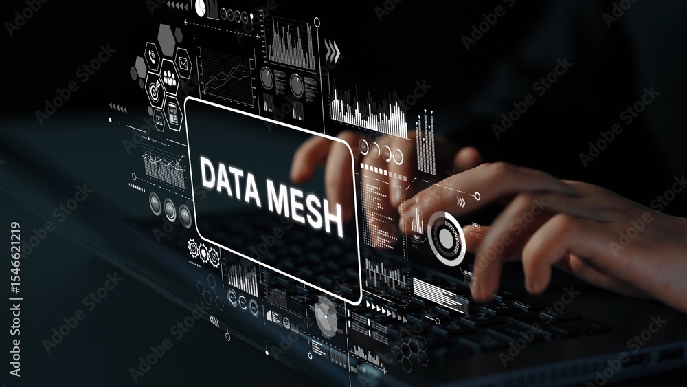 Poster hands typing on laptop with data mesh conceptual visualization and digital graphs on screen. asympto