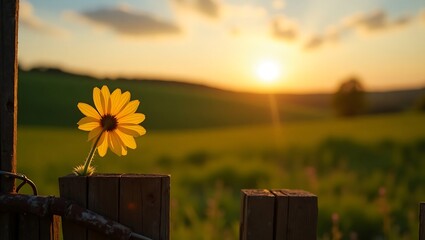 Vibrant yellow petals of a single, delicate flower peeking out from the weathered, rusty wooden planks of a vintage fence, set against a warm, golden background. Generative Ai.