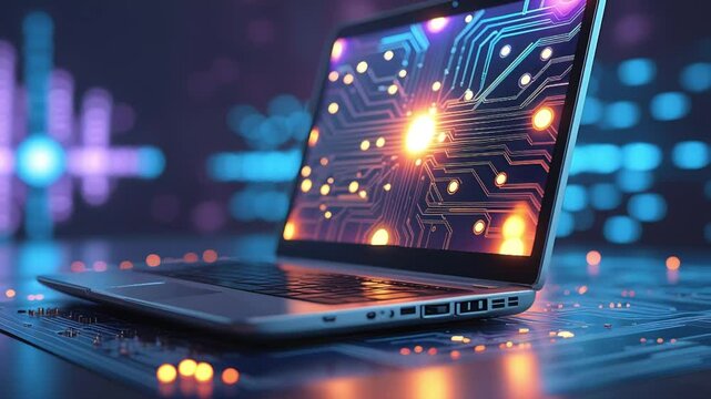 Futuristic Laptop Screen Circuit Board Technology Digital Innovation Glow Neon Lights Abstract