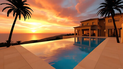 Tropical Villa Overlooking Ocean Horizon at Sunset

