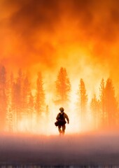 A firefighter bravely walks toward a raging wildfire engulfing a forest, with intense orange flames and smoke lighting up the sky.
