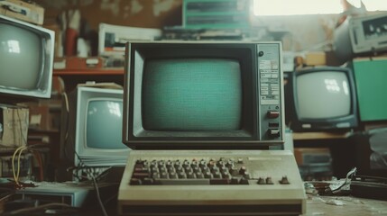 An old retro computer sits surrounded by vintage tech equipment, representing nostalgia and the evolution of technology through time in a cluttered workspace.