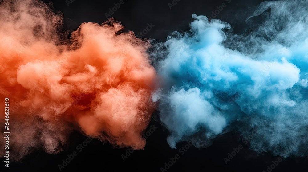 Poster this captivating image features vibrant blue and orange smoke clouds merging artistically, creating 