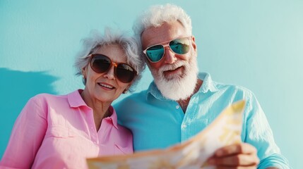 An affectionate couple of seniors shares a joyful moment while studying a map, showcasing enthusiasm for exploration against a vibrant, sunny backdrop.