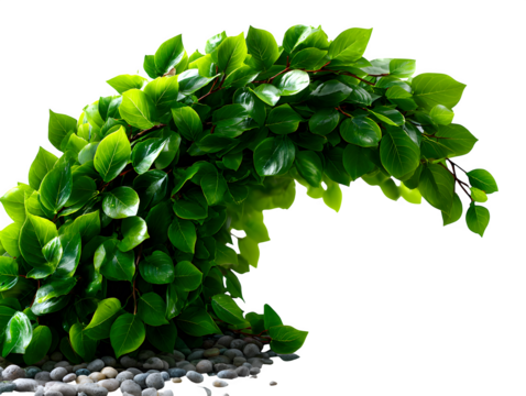 Curved arc of green leaves and soft stems, arranged in flowing motion to symbolize growth and vitality, on white background, isolated to transparent background
