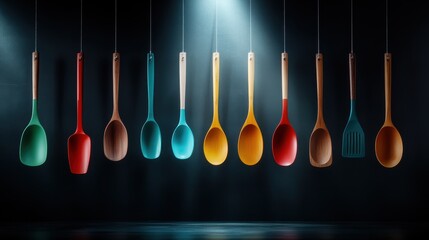 A variety of colorful wooden cooking spoons hang decoratively, showcasing a blend of functionality and artistry in kitchen design, brightening up any culinary space with charm.