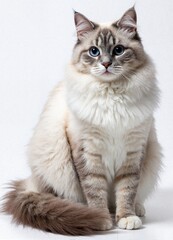 Obraz premium Graceful feline with striking blue eyes: A majestic Ragdoll cat captivates with its serene presence, showcasing its stunning blue eyes and fluffy, light-colored fur. The feline sits gracefully.