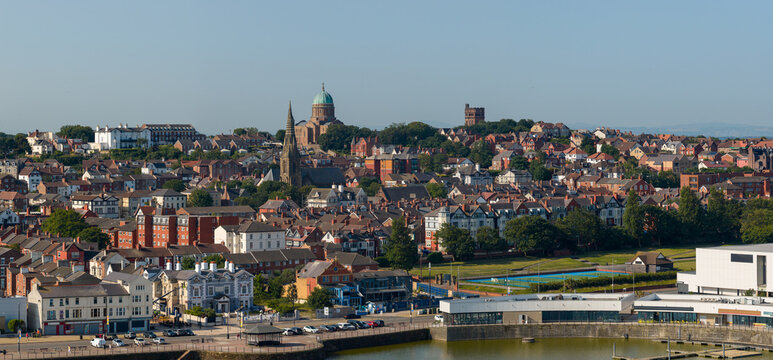 Panoramic aerial image of the New Brighton Skyline in the coast of Merseyside UK featuring the Dome of Home and the Water Tower. - Powered by Adobe