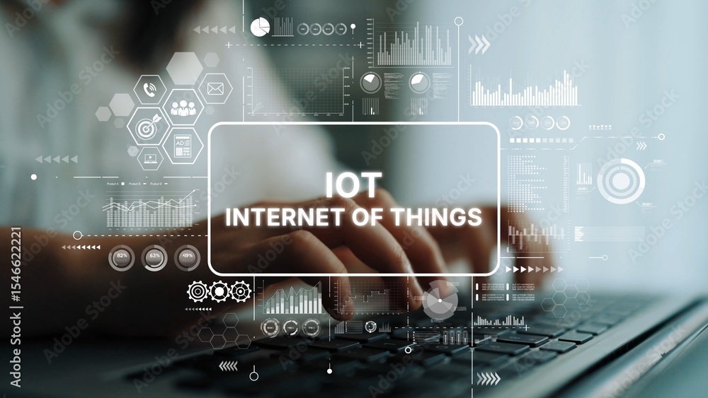 Poster woman typing on laptop with iot concept overlays representing internet of things data and connectivi