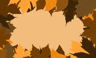 Autumn foliage frame background in brown tones. Horizontal vector backdrop with copy space for inscription