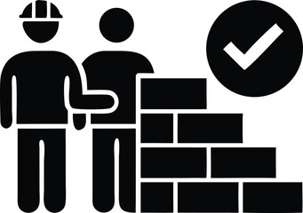 Construction workers reviewing brick wall progress with approved symbol of completion icon