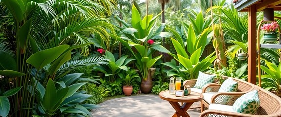 Fototapeta premium Lush tropical garden with inviting seating, refreshments prepared, wellbeing, peaceful
