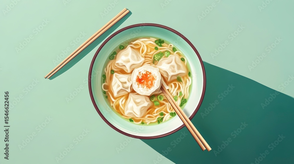 Poster overhead view of a bowl of wonton soup with chopsticks.