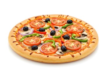 A colorful vegetarian pizza with bell peppers, black olives slices, onions, tomatoes, and mushrooms, on thin crust, isolated on white background, studio lighting