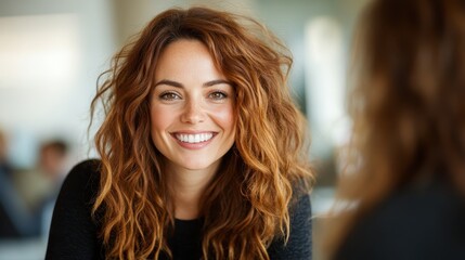 Fototapeta premium A joyful young woman with curly hair smiles brightly, conveying positivity and warmth in a contemporary setting, ideal for personal branding and lifestyle imagery.