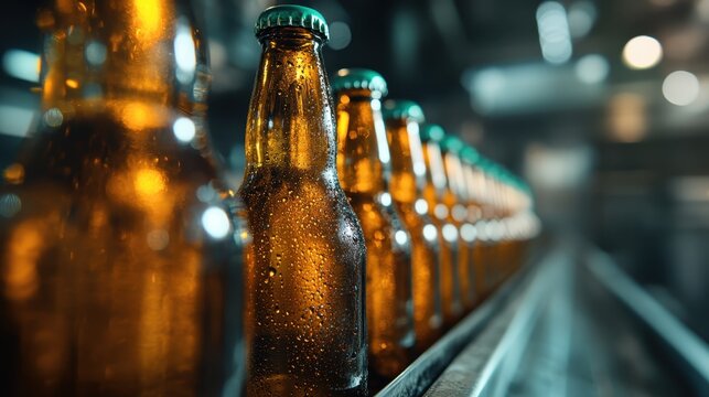 An impressive view of clean glass bottles filled with golden beverage on a production line, showcasing the manufacturing process of refreshing drinks in a modern facility.
