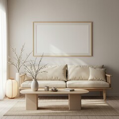 Horizontal Frame Mockup in a Serene Japandi Living Room
