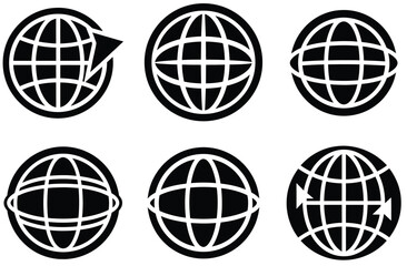 Naklejka premium Six Black and White Globe Icons Set Rotating Arrows Global Network Internet Communication