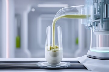 Pouring healthy green smoothie into glass from futuristic machine for wellness and nutrition concept