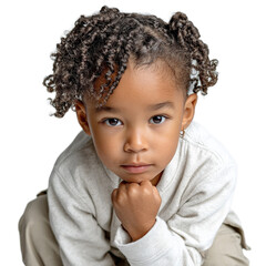 Thoughtful child with curly hair posing gracefully, showcasing innocence and curiosity in a studio setting with neutral background