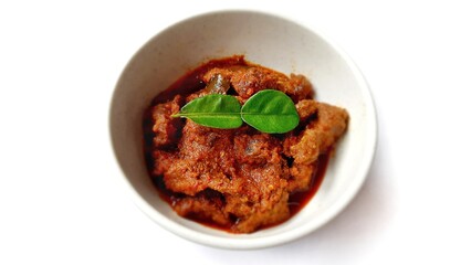 Beef Toppa Lada served in a white bowl. Popular Indonesian food from Makassar, South Sulawesi