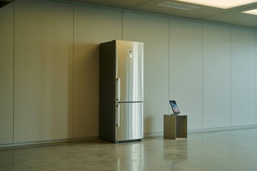 Modern refrigerator standing in a bright showroom, surrounded by other appliances, neatly displayed on a clean tiled floor.