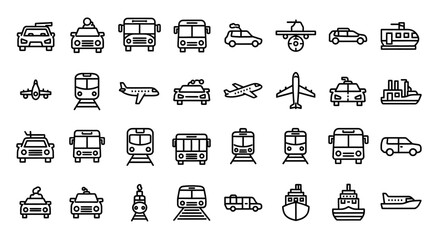 Transportation Icons Diverse Vehicle Line Art Set
