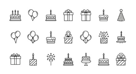 Collection of Line Art Birthday Icons Cakes, Balloons, Gifts, and More