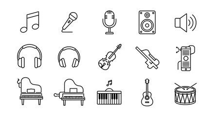 Music Instruments and Audio Equipment Line Icons Vector Graphics