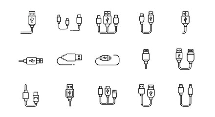 Collection of USB Cable and Connector Line Icons