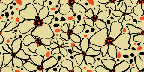 Exotic hand drawn flowers, seamless patterns with floral for fabric, textiles, clothing, wrapping paper, cover, banner, home decor, abstract backgrounds. Vector illustration.