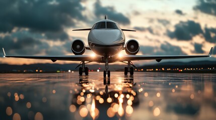 An elegant, luxurious jet stands on a reflective airfield at sunset, creating an atmosphere of sophistication, travel, and adventure with dramatic clouds and lighting.