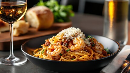 A beautifully plated shrimp pasta dish elegantly presented with a glass of white wine, capturing the essence of gourmet dining and culinary art.