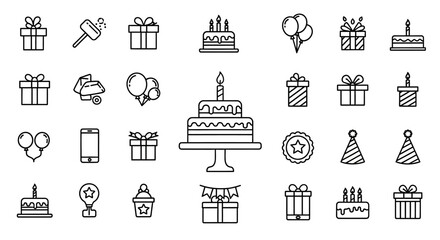 Collection of Birthday Party Icons Gifts, Cake, Balloons, and More