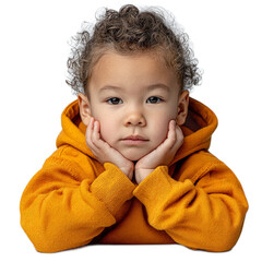 Thoughtful Child in Bright Orange Sweater Pondering Life with Expression of Curiosity and Wonder in Front of White Background