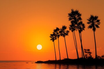 Beautiful tropical sunset palm trees silhouette orange sky ocean water reflection vacation travel photography