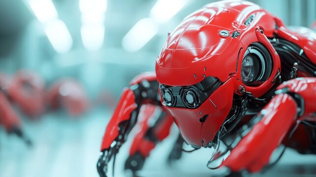 This image features an intricate red robotic spider design, showcasing futuristic technology in a blurred, high-tech environment emphasizing machinery and innovation. - Powered by Adobe