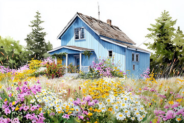 Watercolor rustic vintage blue cottage.