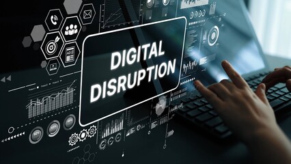 Creative Vision of Digital Disruption with Futuristic Graphics and Interactive Technology Visuals in Modern Workspace. Asymptotic smart data analytic.