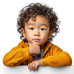 Thoughtful young boy with curly hair in a cozy sweater posing thoughtfully against a solid background