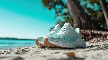 Trendy white sneakers resting on soft beach sand with sunlit water in the background, evoking a sense of adventure, relaxation, and stylish outdoor exploration.