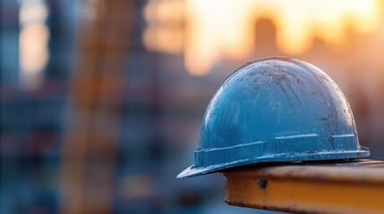 A weathered construction hard hat resting on a beam at sunset, symbolizing hard work and dedication in the construction industry while highlighting safety measures.