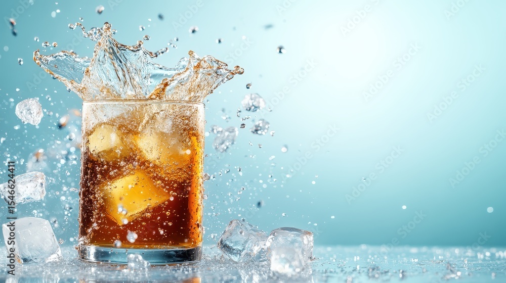 Poster a tall glass filled with a fizzy drink splashes ice cubes, creating a playful scene that captures th