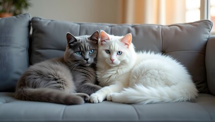 A heartwarming close-up of two cats cuddling on a grey sofa. One is a fluffy grey cat (possibly a Russian Blue or a similar long-haired breed) with striking blue eyes, resting its head on the other.