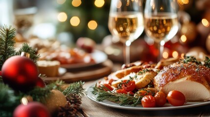 An inviting holiday dinner spread features a beautifully cooked turkey with seasonal sides, complemented by decorations and sparkling glasses, celebrating warmth and togetherness.