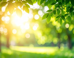 Blurred Green Foliage Background with Golden Bokeh Light